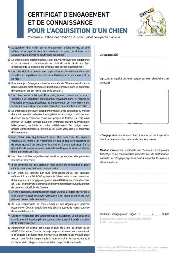 Du Royaume Des Quatre Pattes - Certificat d'Engagement de Connaissance